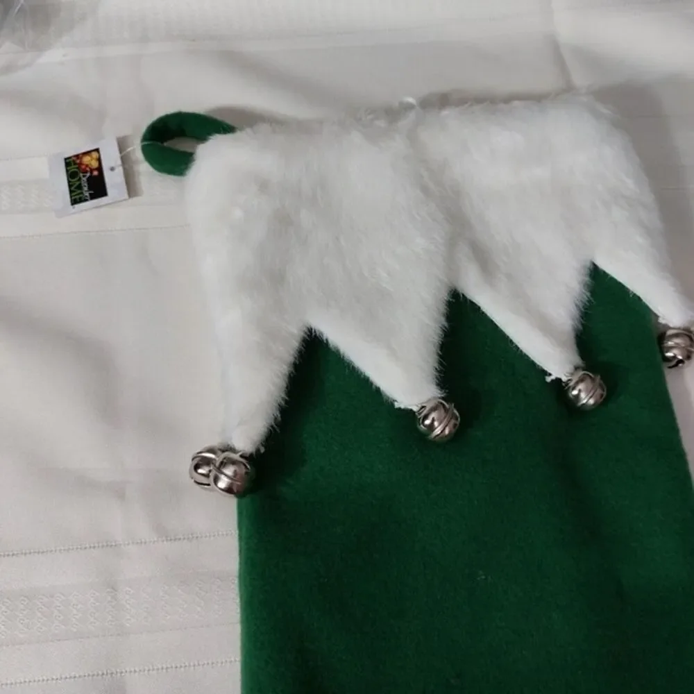 Green White Jingle Bells Elf Boot Holiday Christmas Stocking Hanging Sock